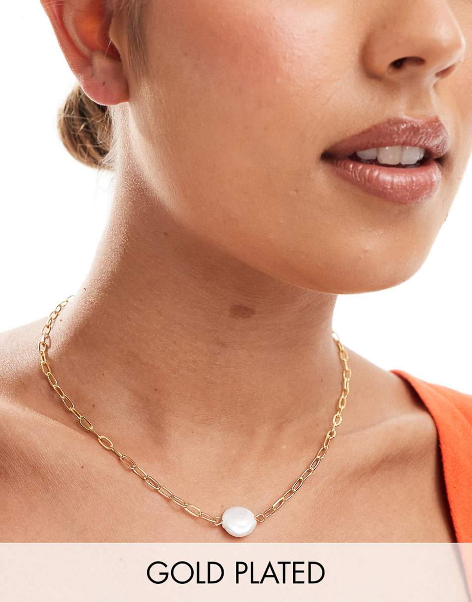 ASOS DESIGN 14k gold plated necklace with faux pearl detail