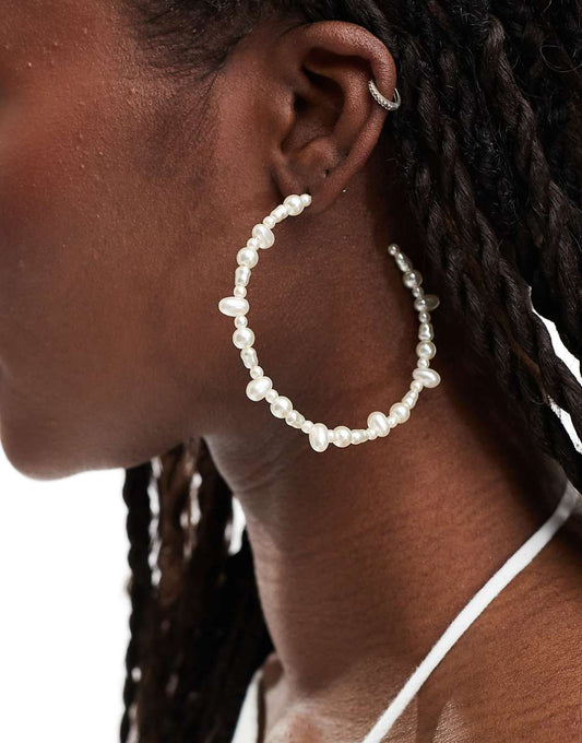 ASOS DESIGN hoop earrings with faux natural pearl detail in gold tone