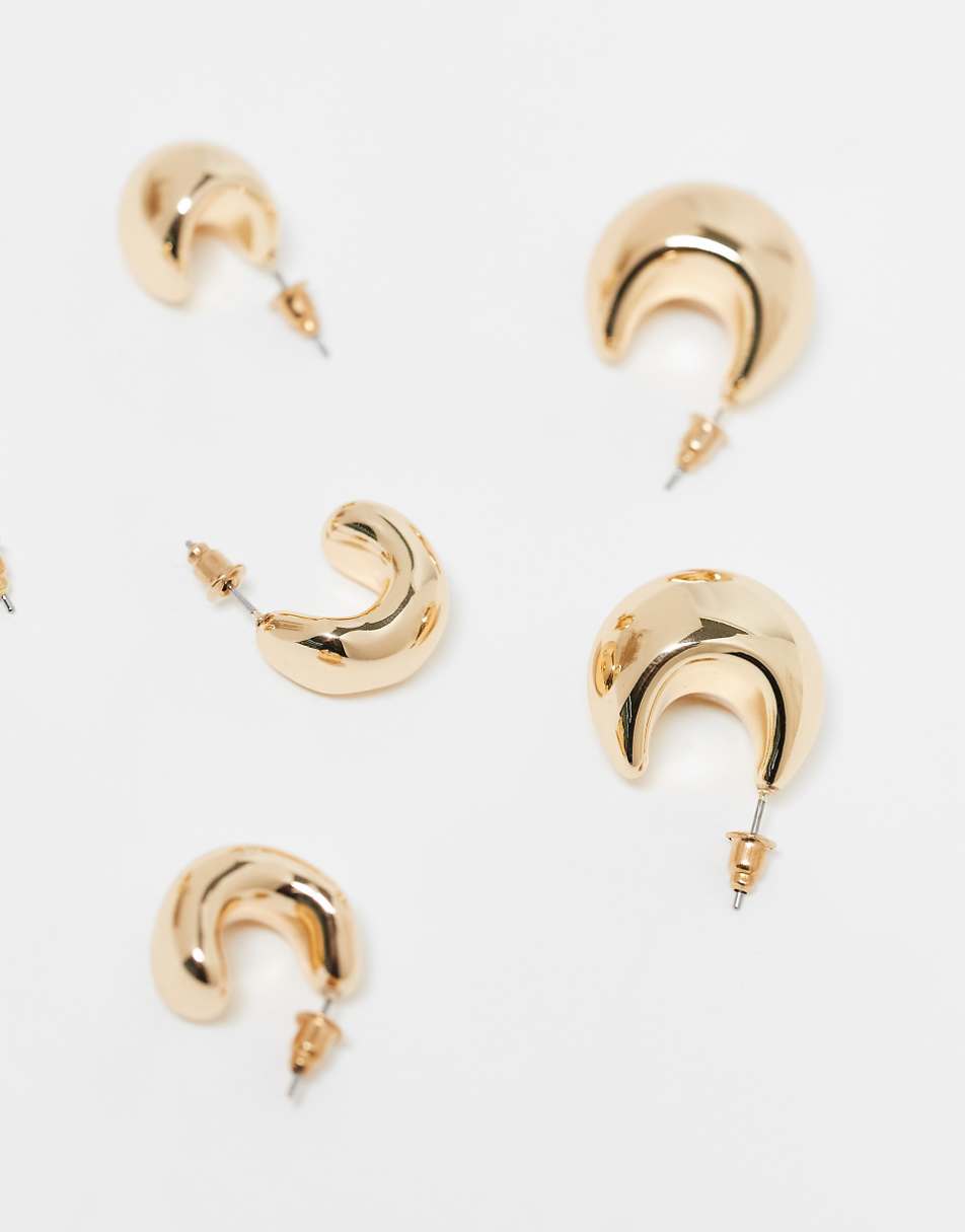 ASOS DESIGN 3-pack hoop earrings with mixed chubby detail in gold tone