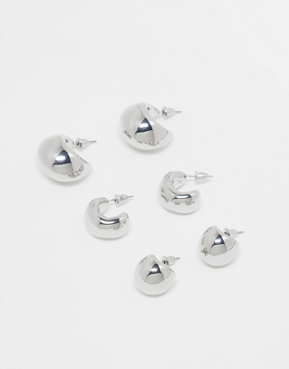 ASOS DESIGN 3-pack hoop earrings with mixed chubby detail in silver tone