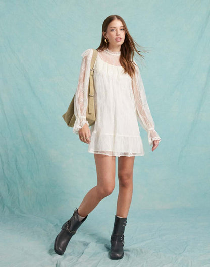 Miss Selfridge lace frill smock dress in ivory
