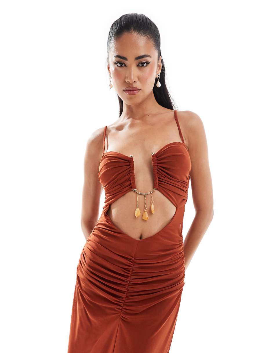 ASOS DESIGN mesh quartz trim maxi dress with full skirt in rust