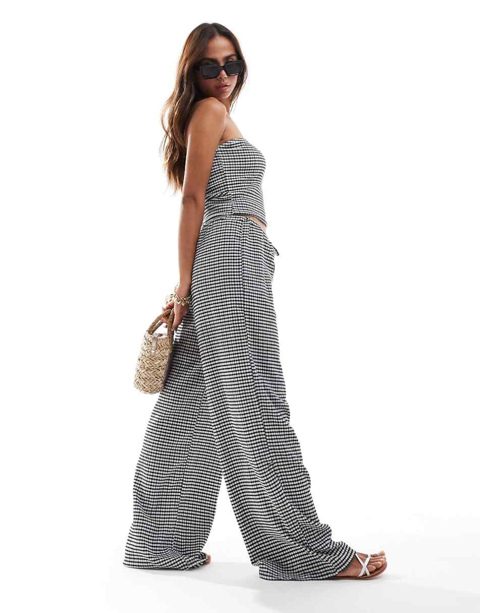 ASOS DESIGN textured wide leg pants in mono gingham print - part of a set