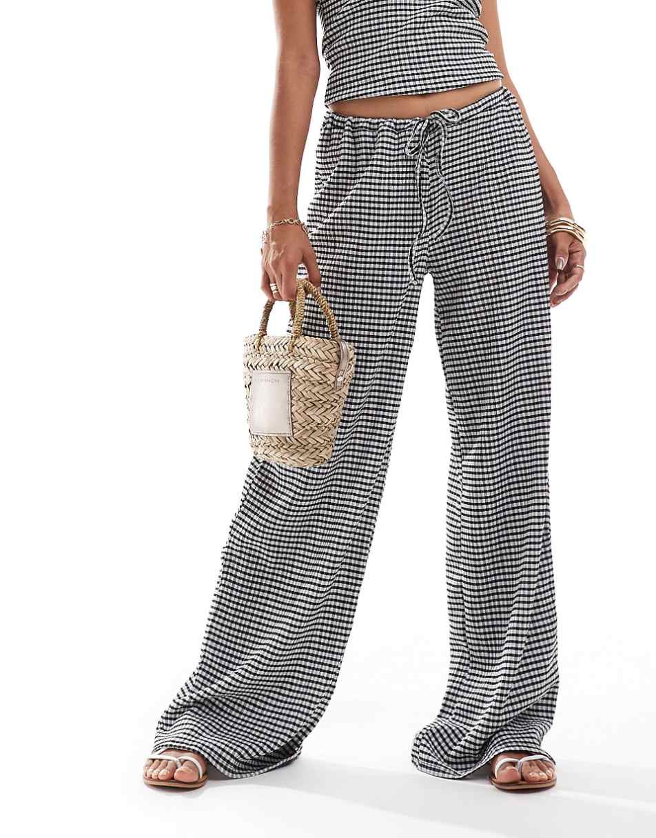 ASOS DESIGN textured wide leg pants in mono gingham print - part of a set