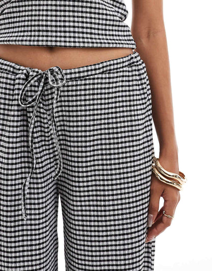 ASOS DESIGN textured wide leg pants in mono gingham print - part of a set