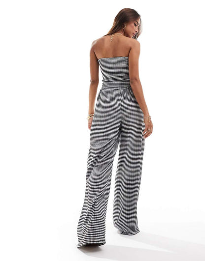 ASOS DESIGN textured wide leg pants in mono gingham print - part of a set