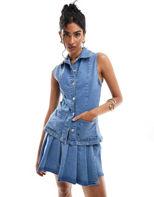 ASOS DESIGN denim fitted vest in mid blue