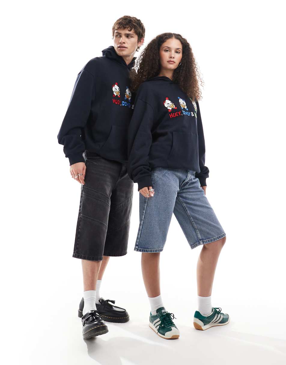 ASOS DESIGN Disney unisex oversized textured hoodie with Huey, Dewey and Louie prints and embroidery in navy