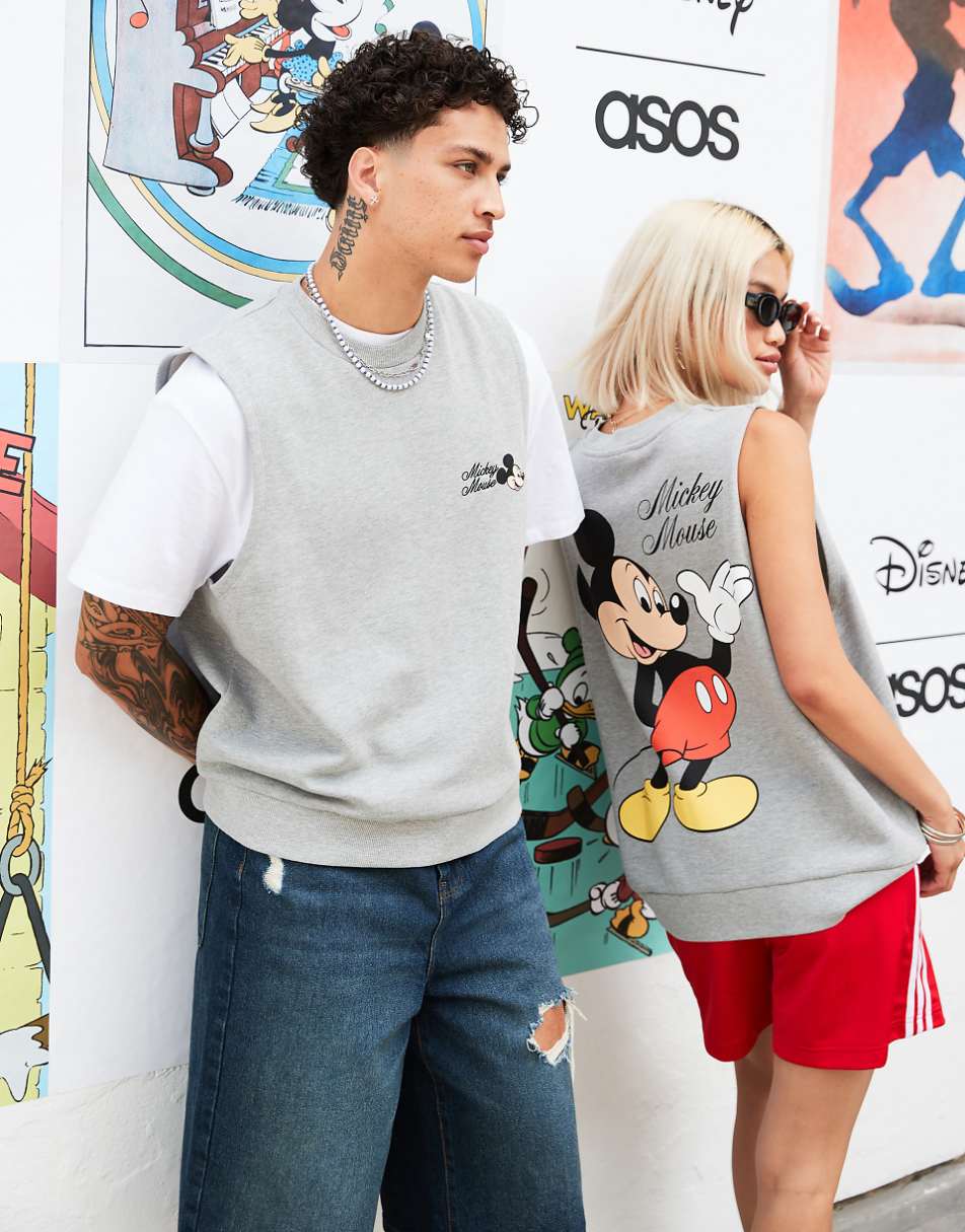 ASOS DESIGN Disney unisex oversized tank top with Mickey Mouse prints and embroidery in gray