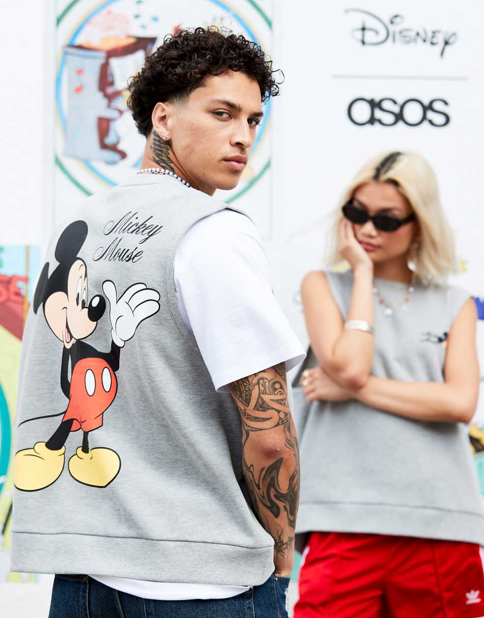 ASOS DESIGN Disney unisex oversized tank top with Mickey Mouse prints and embroidery in gray