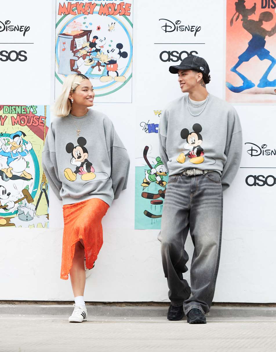 ASOS DESIGN Disney unisex extreme oversized sweatshirt with Mickey Mouse print in gray heather