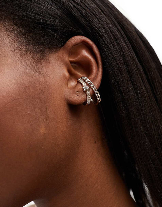 ASOS DESIGN ear cuff with multirow chain and celestial detail in gold tone