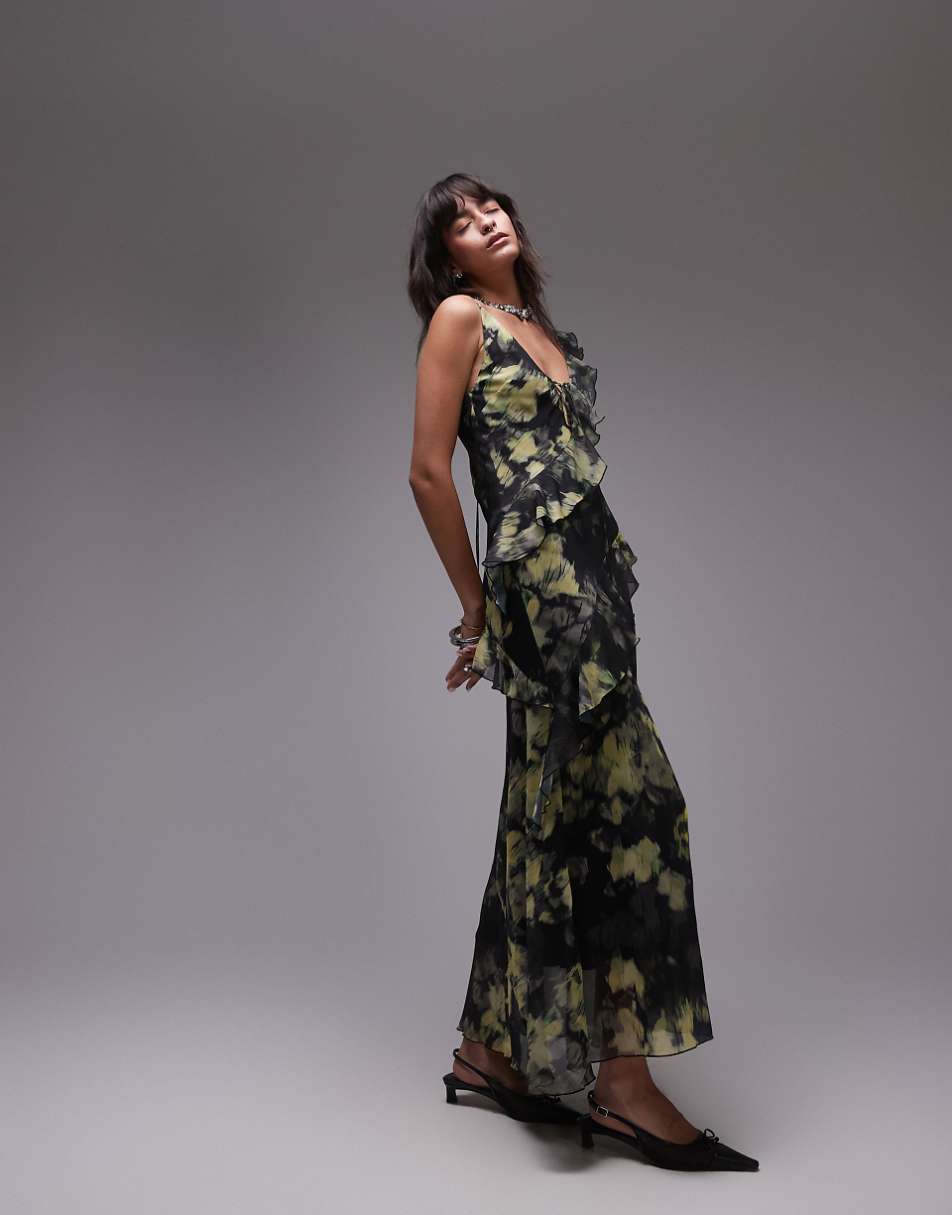 Topshop maxi slip dress with frills in yellow and green floral