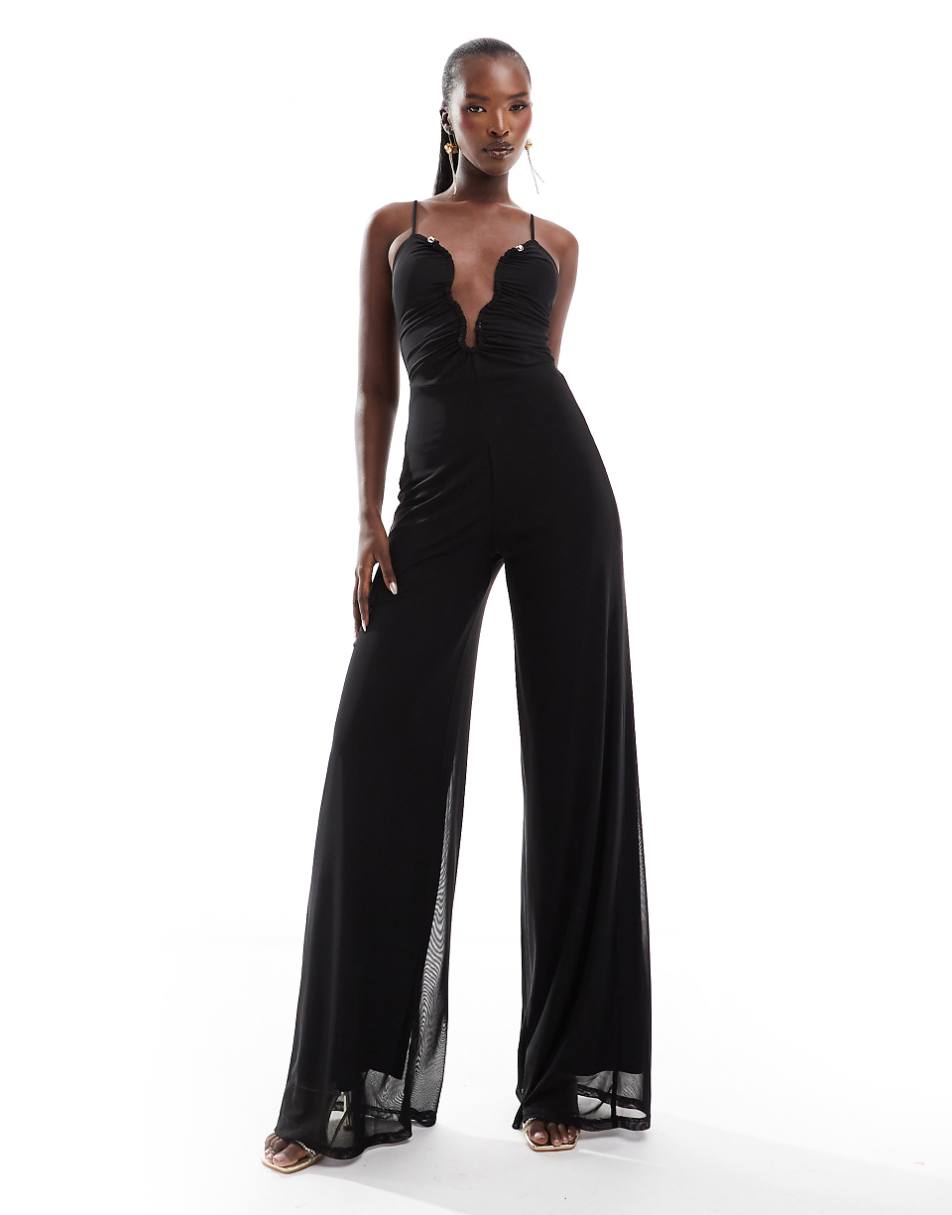 ASOS DESIGN mesh cami wide leg jumpsuit with curved neckline in black