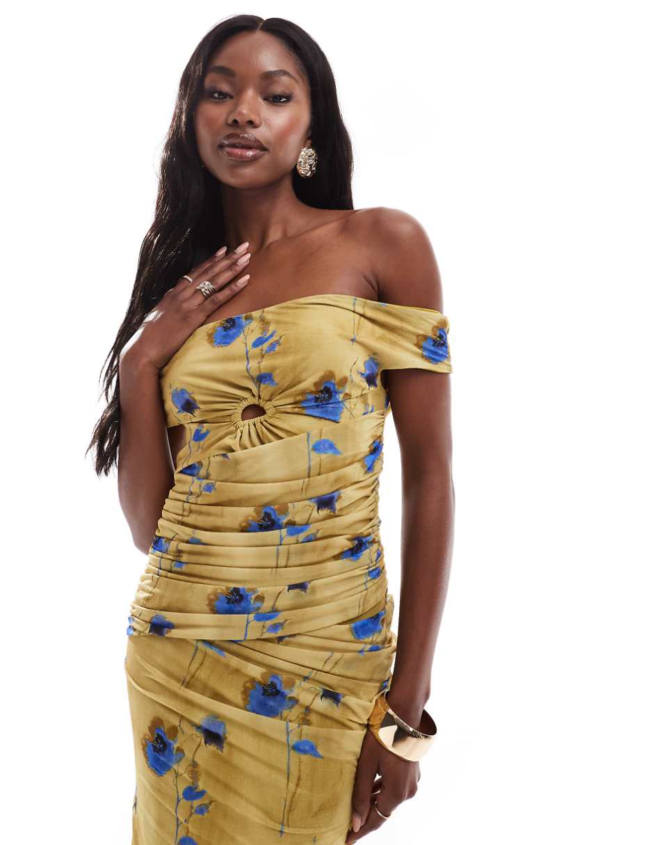 ASOS DESIGN bardot mesh drape midi dress in blurred yellow floral print