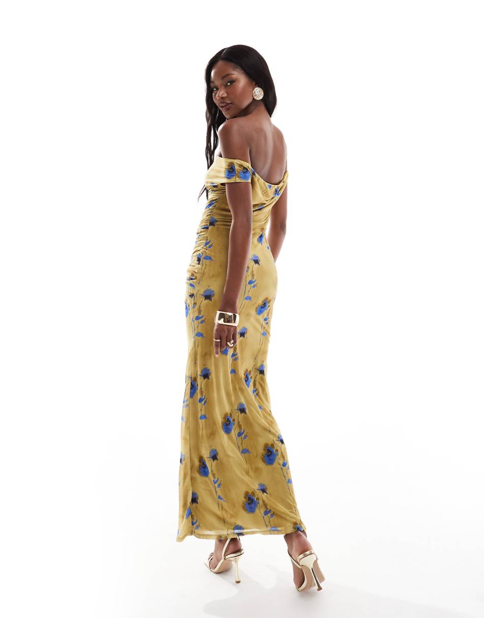 ASOS DESIGN bardot mesh drape midi dress in blurred yellow floral print