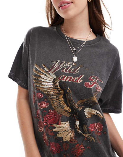 Miss Selfridge wild and free oversized washed t-shirt in gray