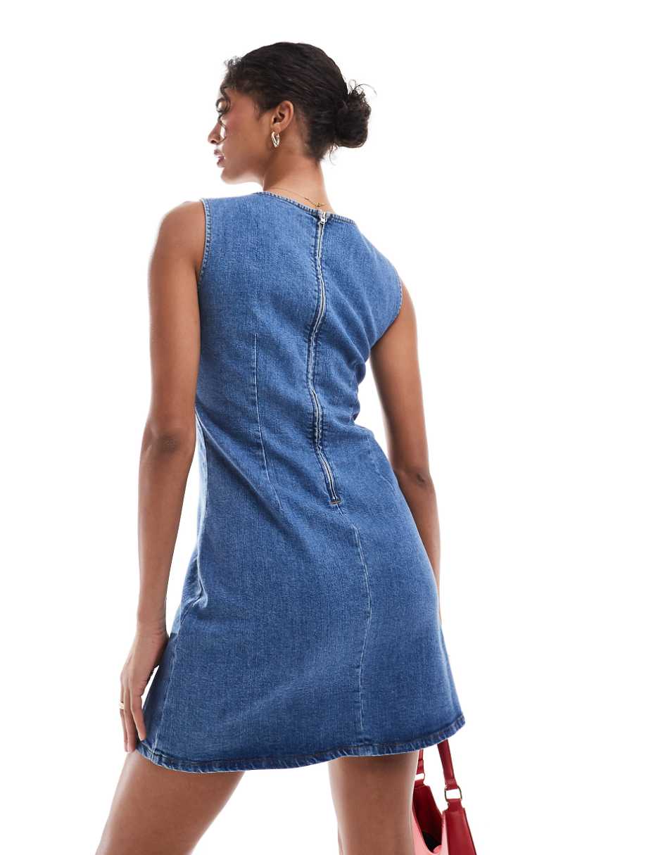 ASOS DESIGN denim slash neck mini dress in mid blue