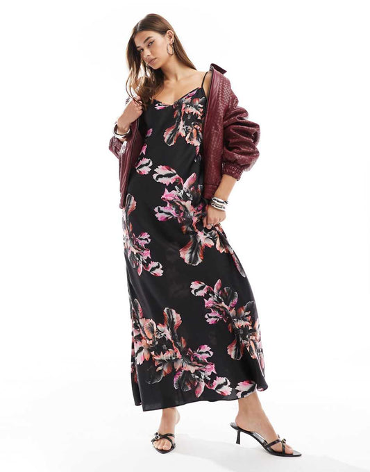 AllSaints Bryony satin maxi dress in black print