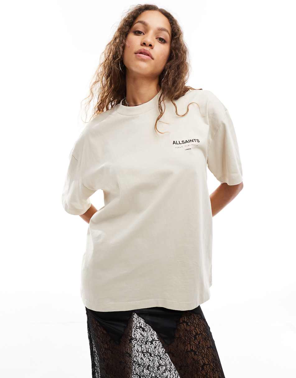 AllSaints Underground oversized t-shirt in light beige exclusive to ASOS