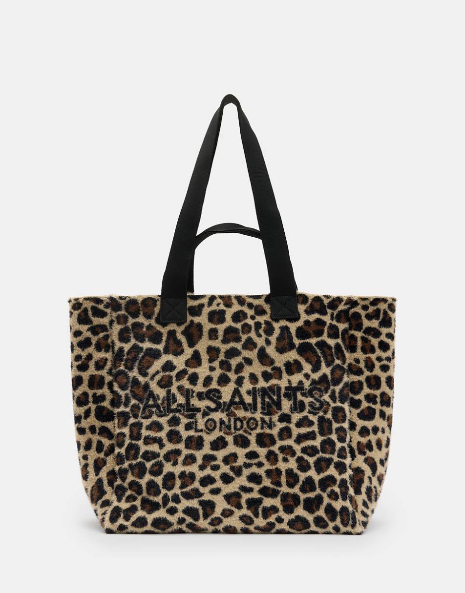 AllSaints Izzy fuzzy tote bag in leopard print