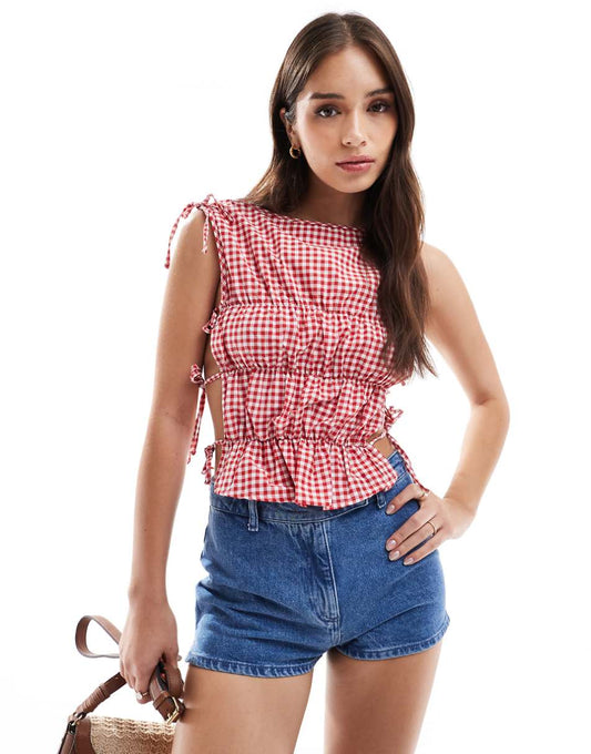 ASOS DESIGN gathered tie side tank top in red gingham