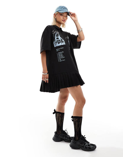 COLLUSION kilted mini shirt dress with front print in black