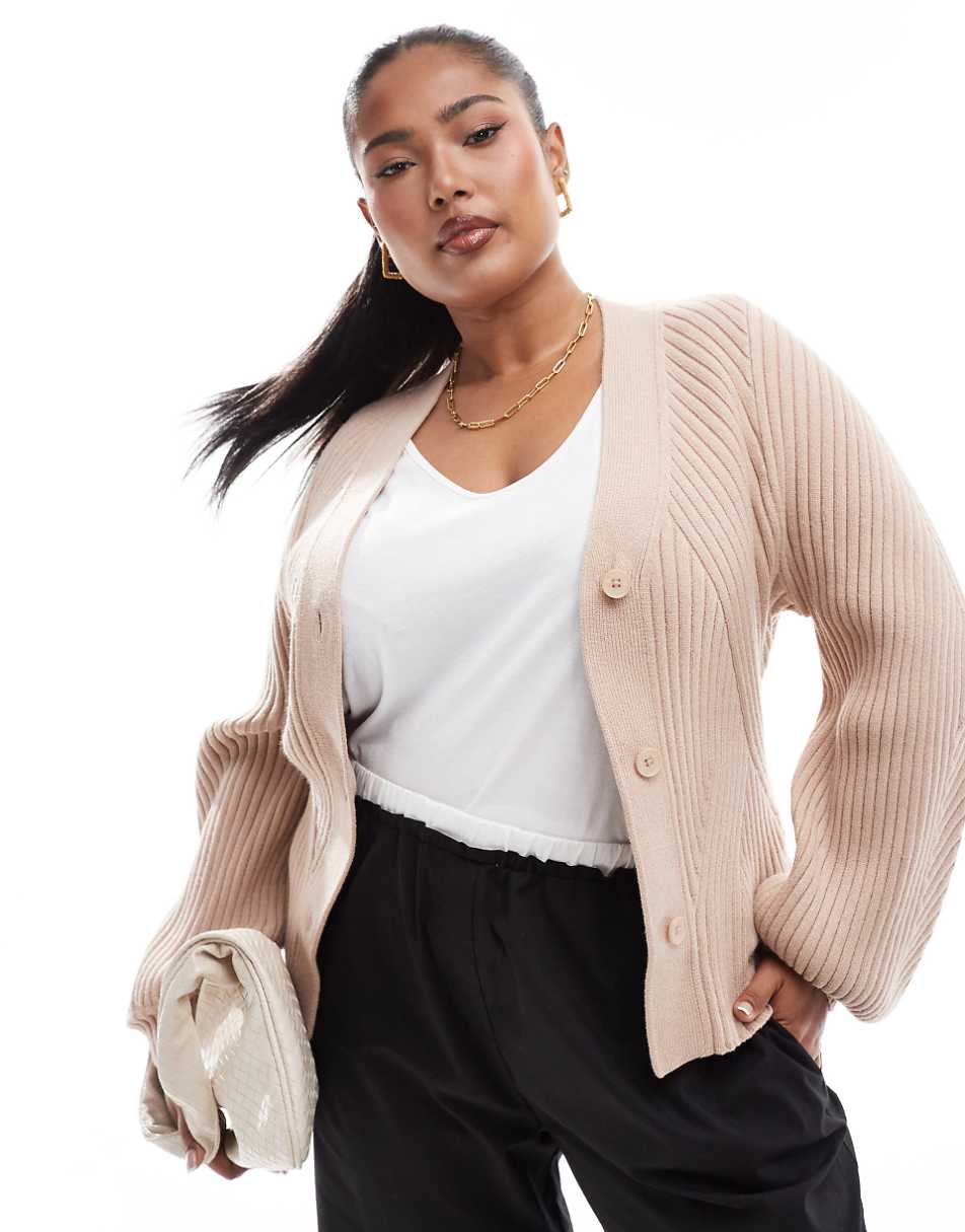 ASOS DESIGN Curve structured sleeve cardigan with rib detail in mocha