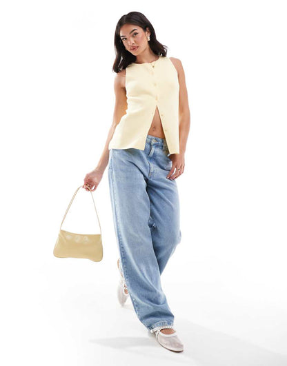 ASOS DESIGN knitted crew neck vest with front split in lemon