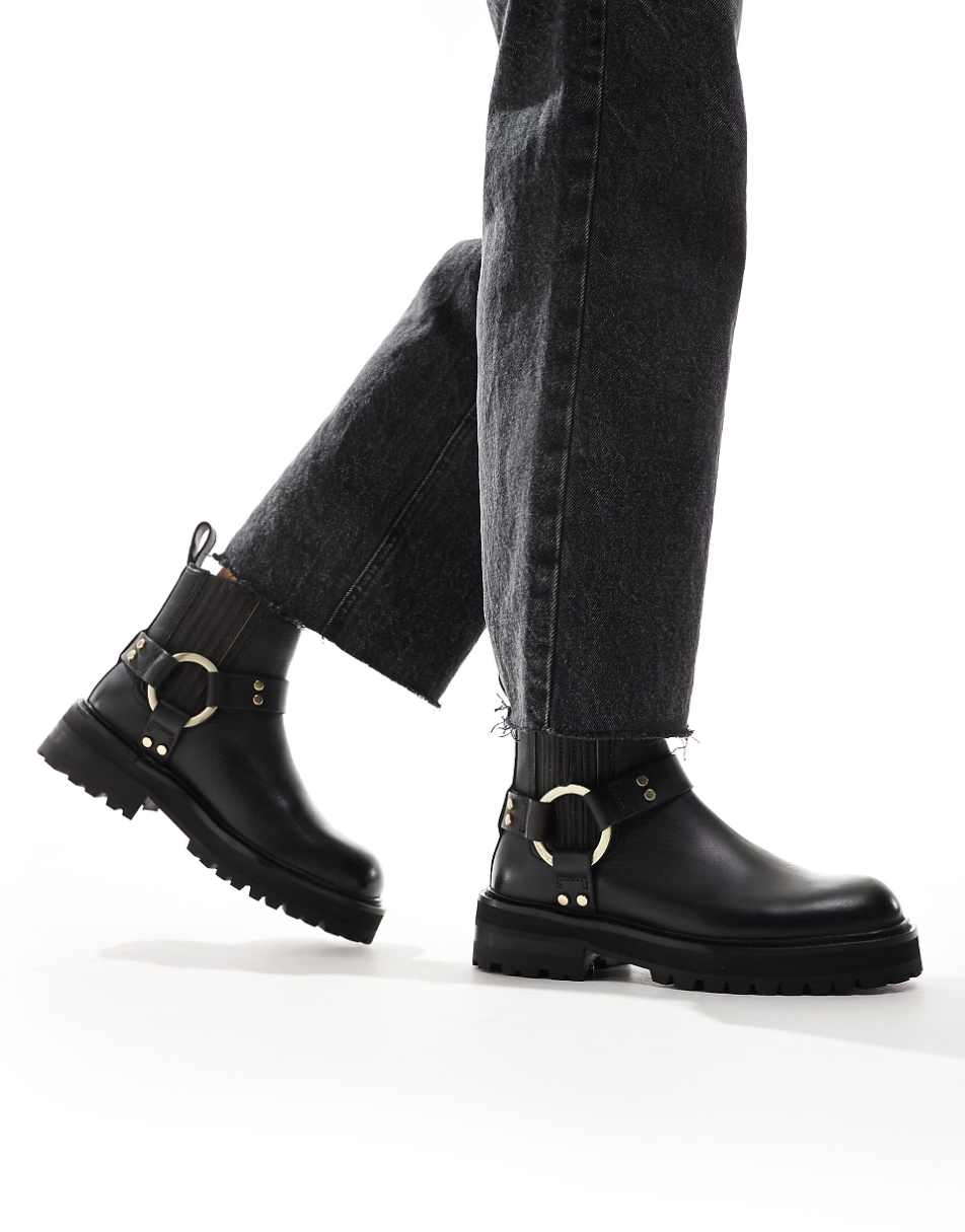 AllSaints Maddie leather harness biker boots in black