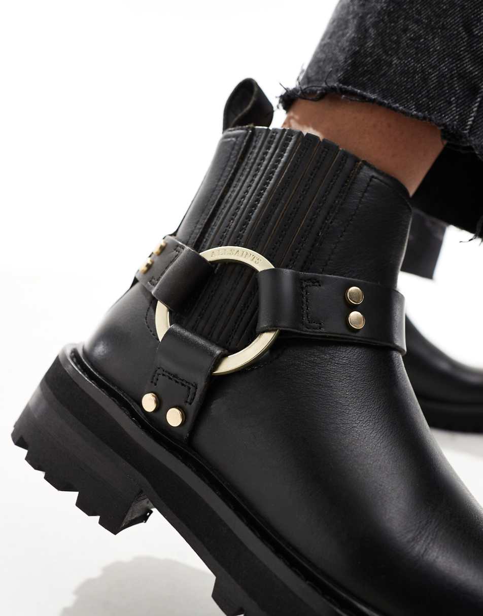 AllSaints Maddie leather harness biker boots in black