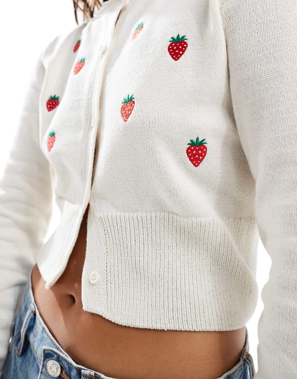 ASOS DESIGN embroidered strawberry cardigan in white