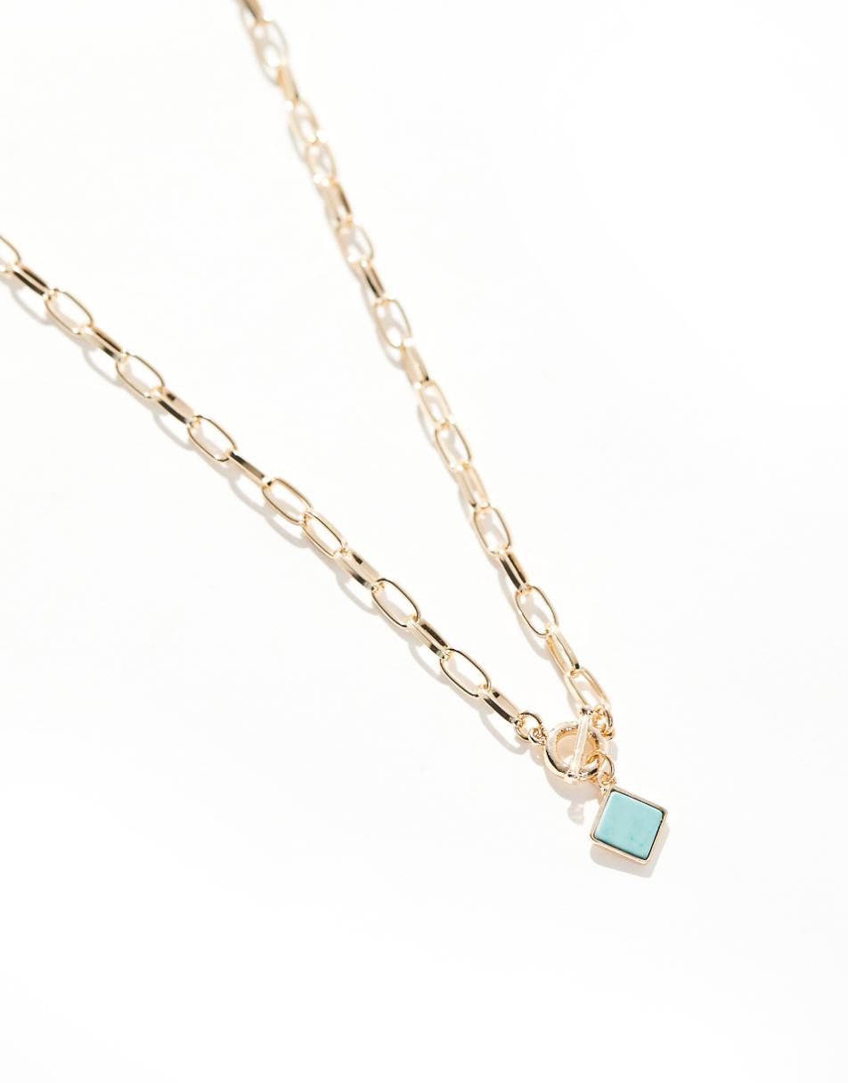 ASOS DESIGN Curve necklace with open link t-bar design with semi precious style square pendant in gold tone