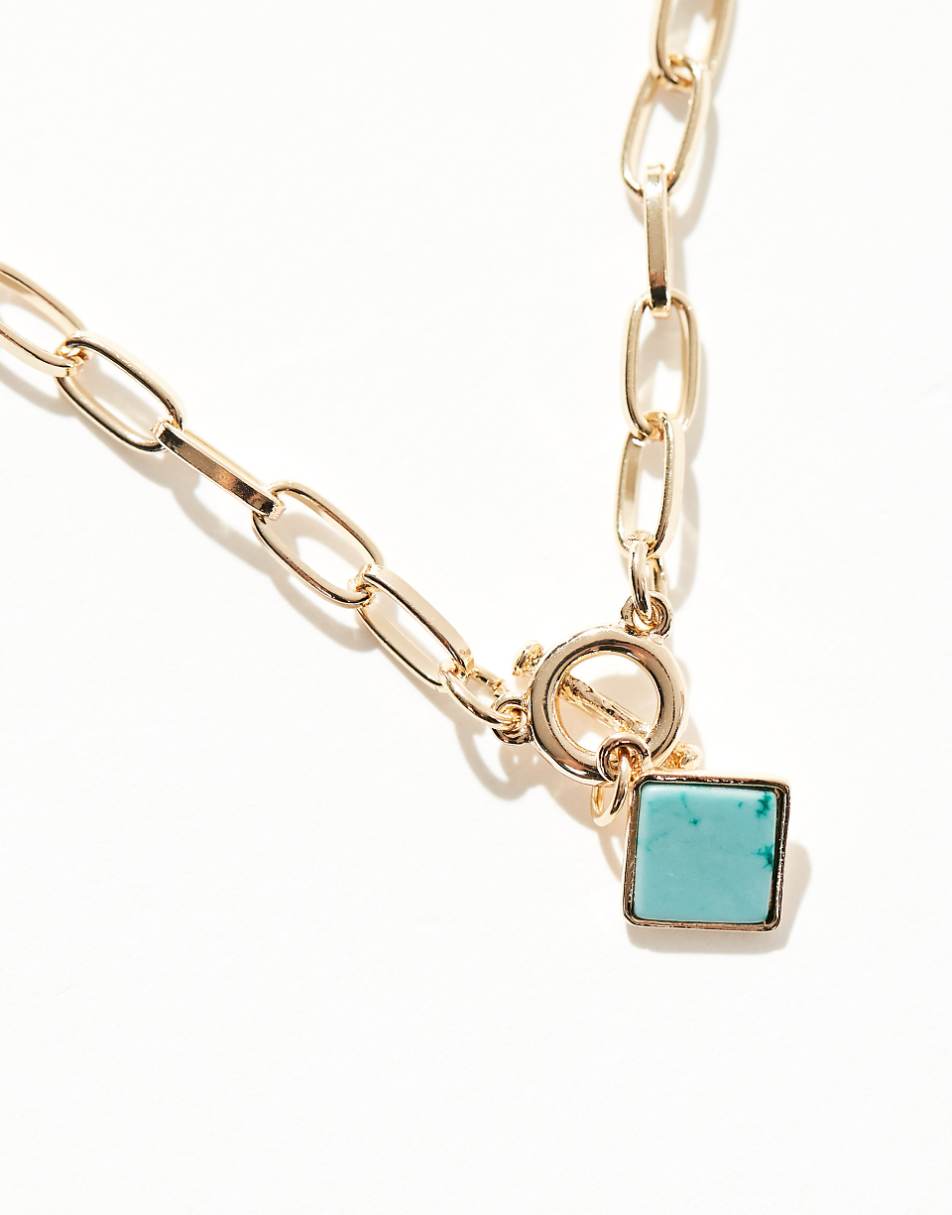 ASOS DESIGN necklace with open link T-bar design with semi precious style square pendant in gold tone