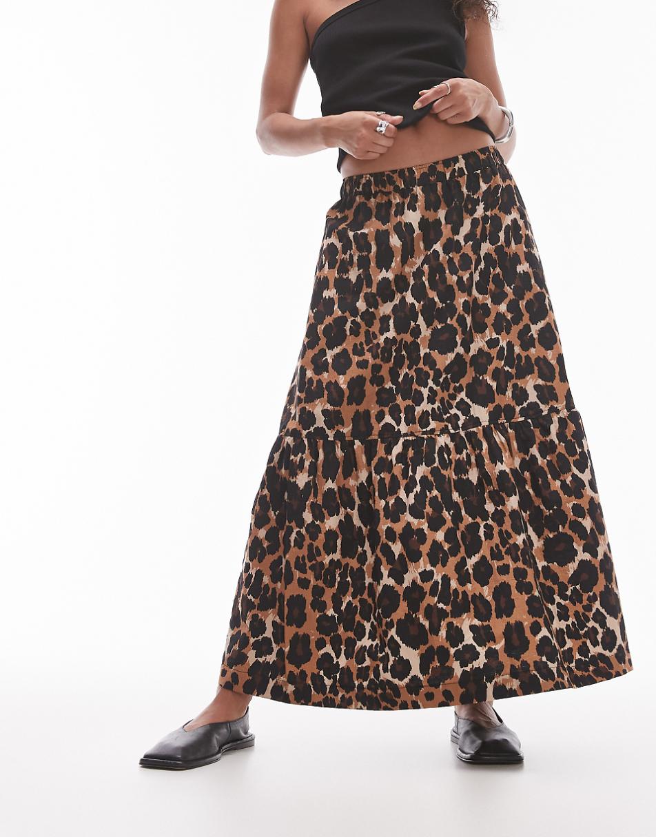 Topshop tiered midi skirt in leopard