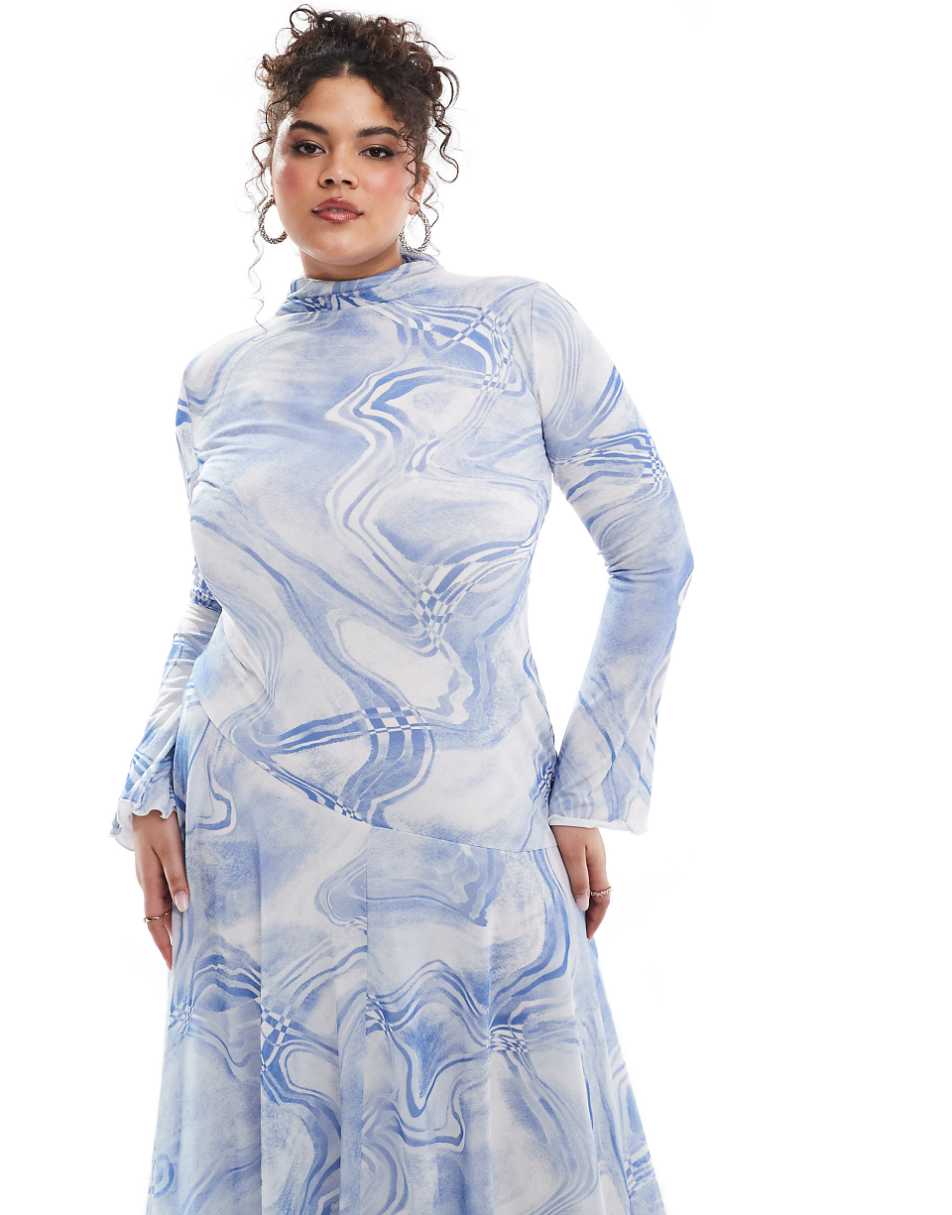 ASOS DESIGN Curve mesh high neck long sleeve a-line maxi dress in blue abstract print