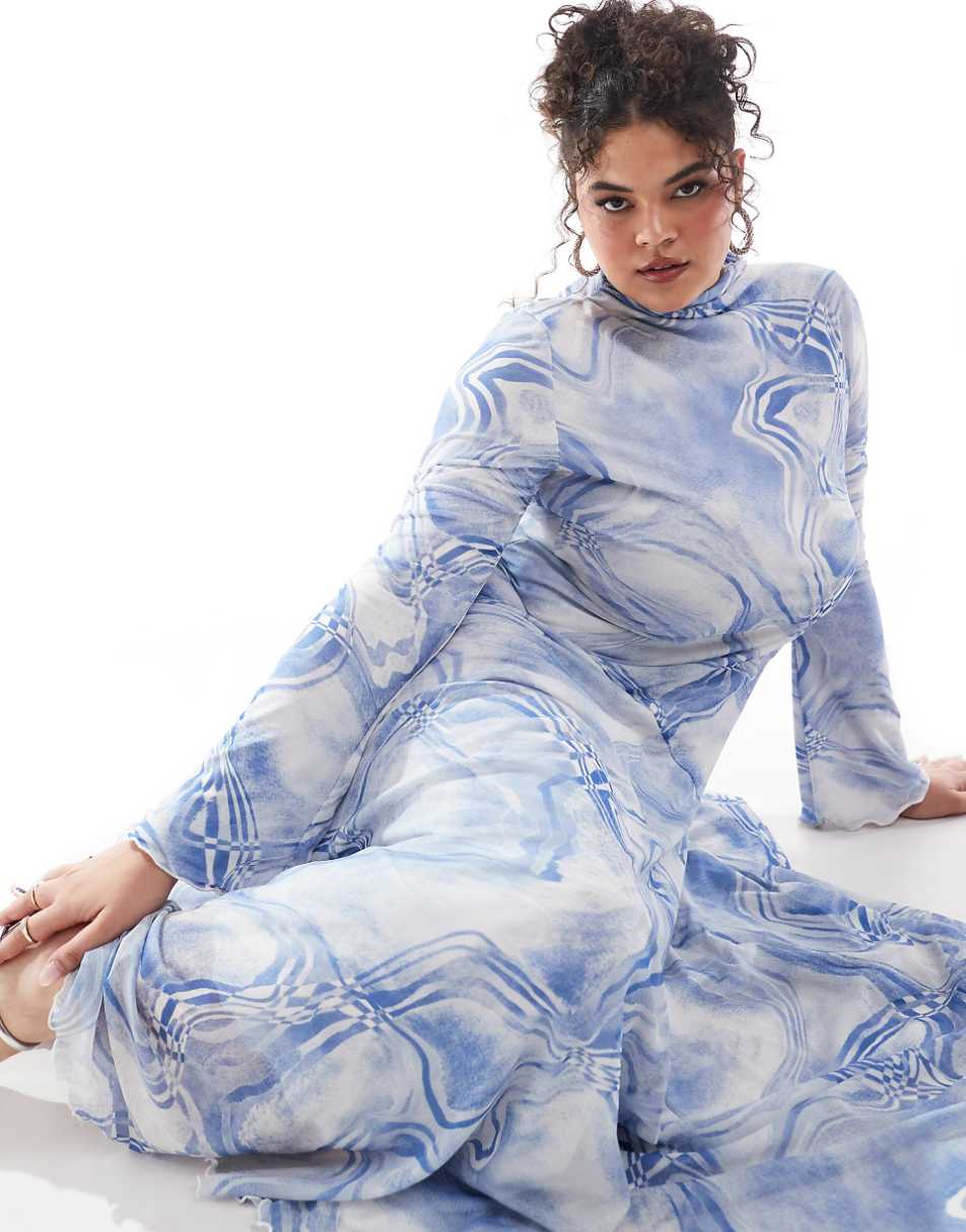 ASOS DESIGN Curve mesh high neck long sleeve a-line maxi dress in blue abstract print