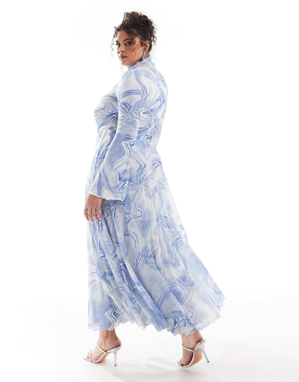 ASOS DESIGN Curve mesh high neck long sleeve a-line maxi dress in blue abstract print