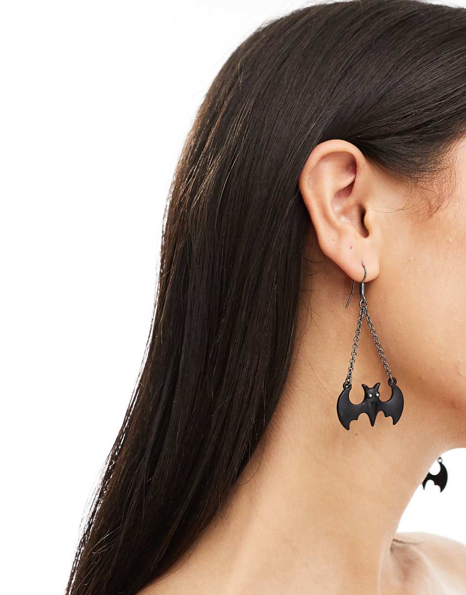ASOS DESIGN Halloween drop earrings with bat design in black