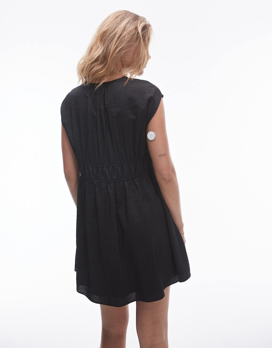 Topshop tie front tiered mini dress in black