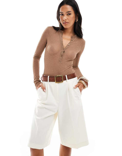 ASOS DESIGN sheer ribbed bodysuit with henley collar in mocha