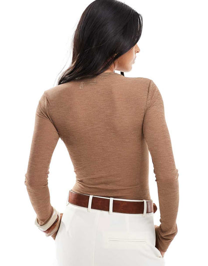ASOS DESIGN sheer ribbed bodysuit with henley collar in mocha