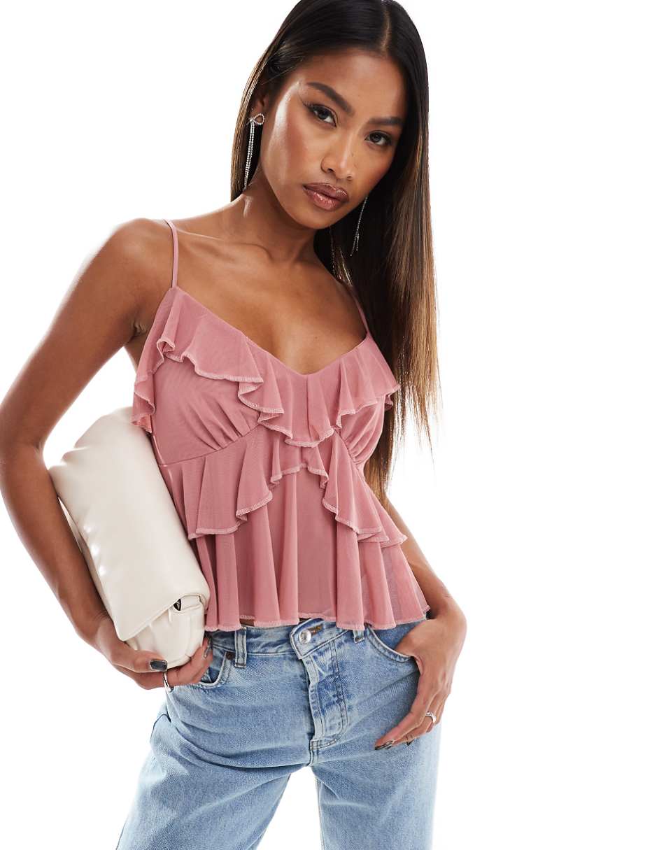 ASOS DESIGN mesh cami top with ruffles in dusty pink