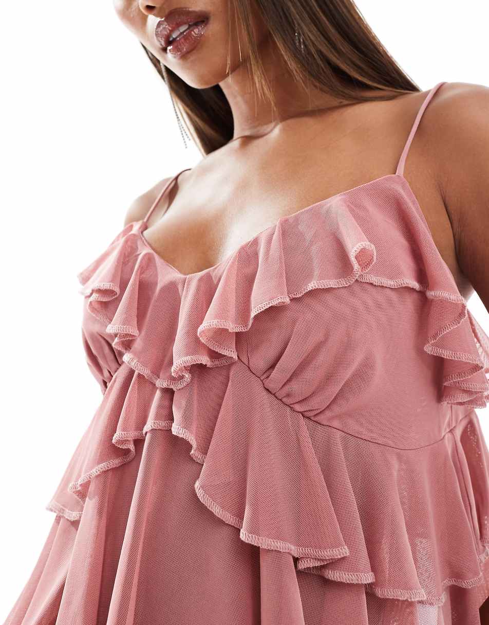 ASOS DESIGN mesh cami top with ruffles in dusty pink