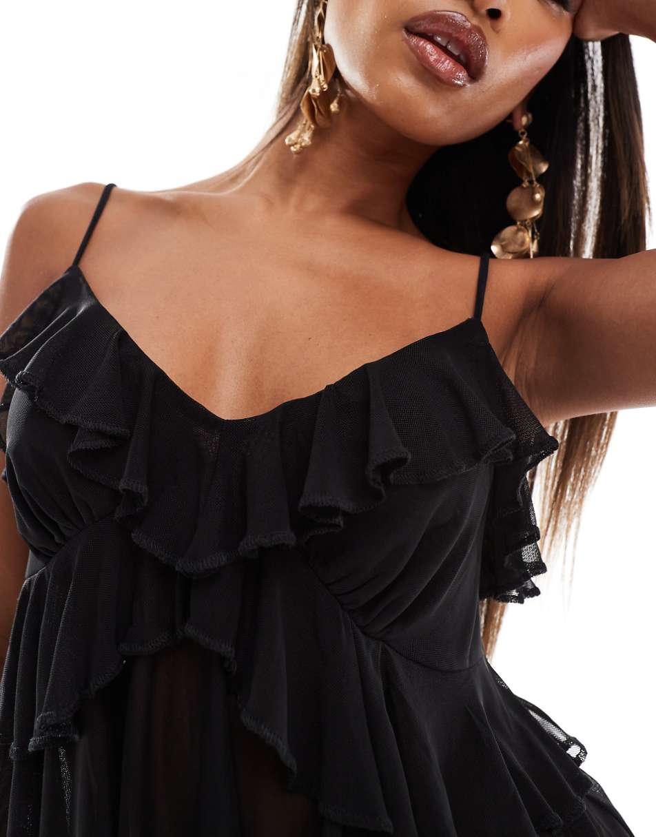 ASOS DESIGN mesh cami top with ruffles in black