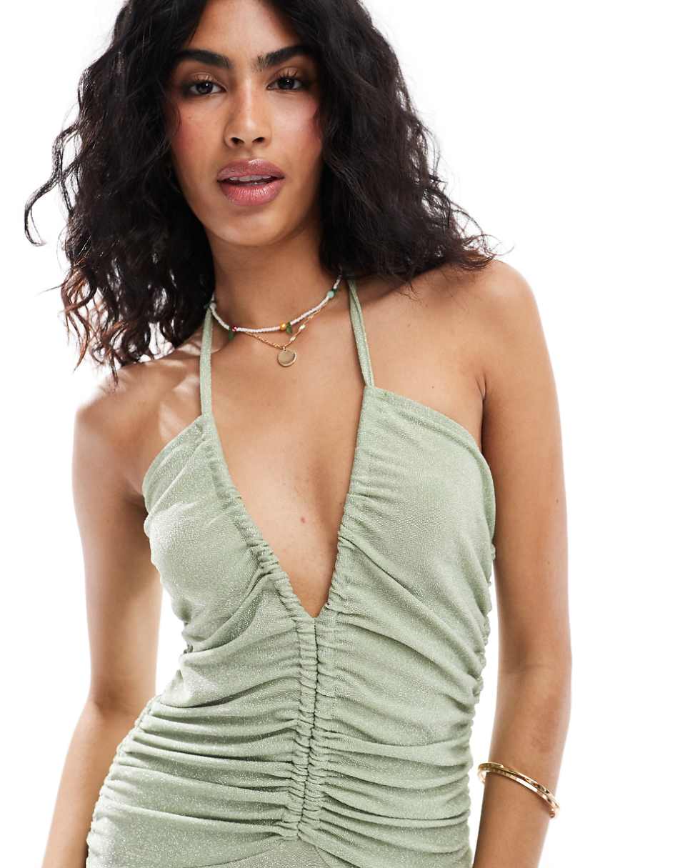 ASOS DESIGN halter ruched midi dress in green shimmer