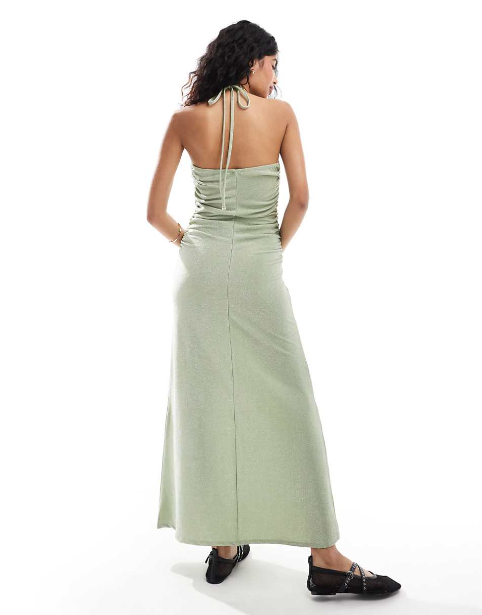 ASOS DESIGN halter ruched midi dress in green shimmer