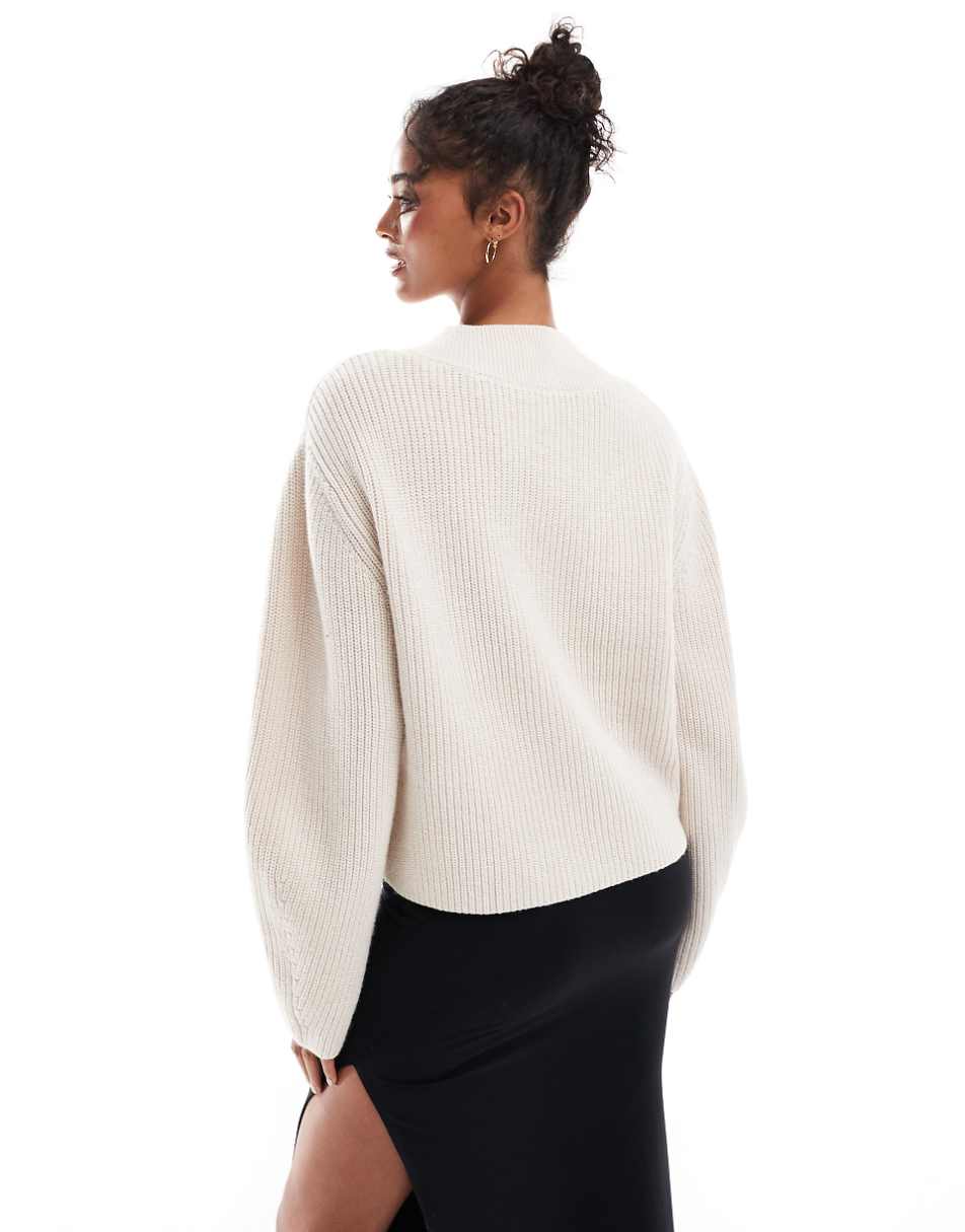 & Other Stories wool blend ribbed knit sweater with high V-neck and deep cuffs detail in off-white