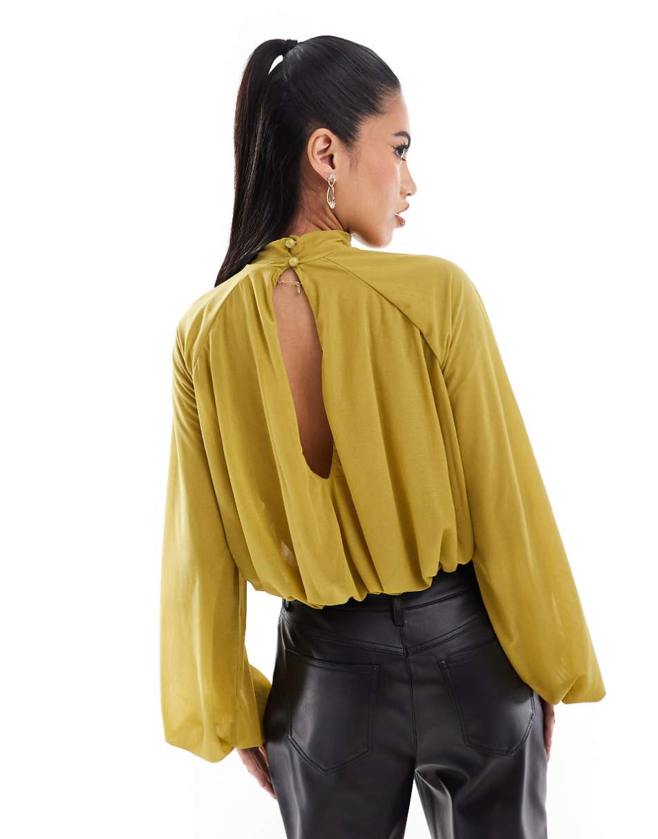 ASOS DESIGN high neck mesh blouse with volume sleeve in chartreuse