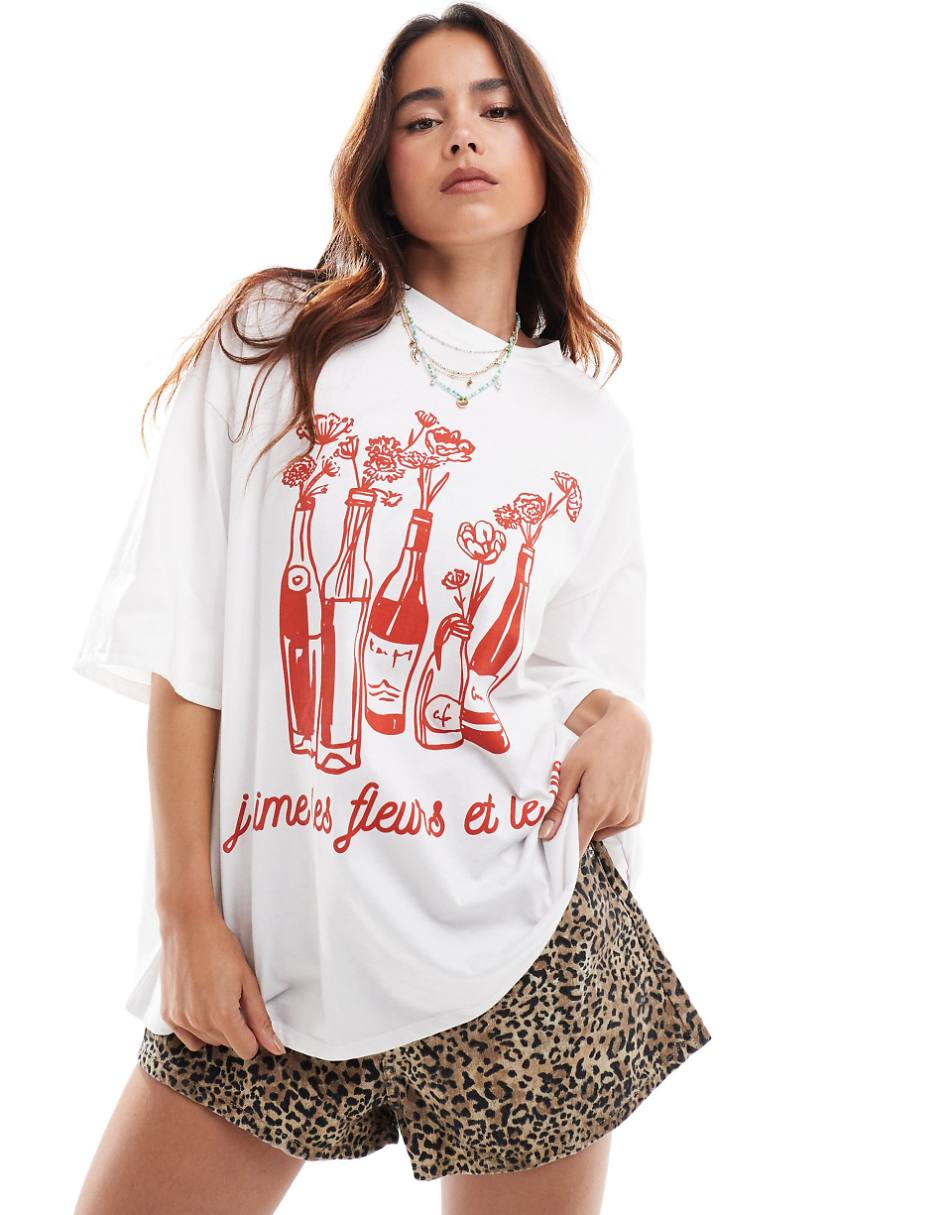 ASOS DESIGN oversized T-shirt with flower and wine graphic in white